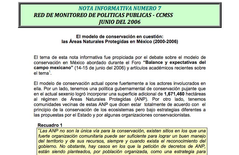 Nota Informativa 7. El modelo de conservación en cuestión: Las Áreas  Naturales Protegidas en México - Consejo Civil Mexicano para la  Silvicultura Sostenible