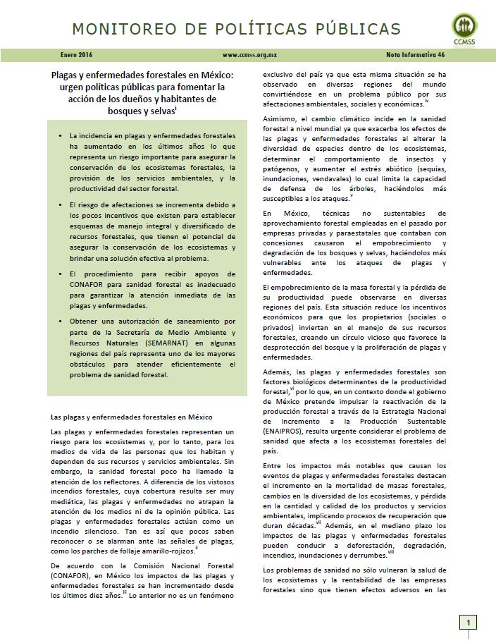 Nota Informativa 46: Plagas y enfermedades forestales en México: urgen políticas públicas para ...
